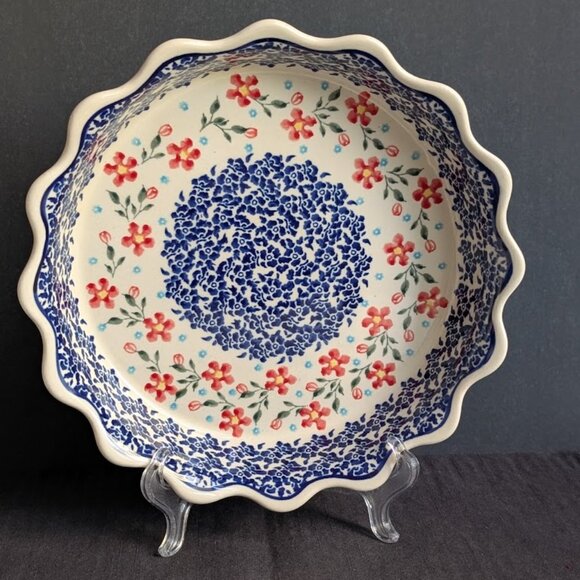 Handcafted Polish Pottery Country Garden Pie Plate Pie Dish 9.6